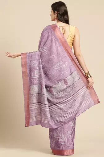 Silk Land Lavender Digital Print Soft Silk Blend Saree With Unstitched Blouse Piece