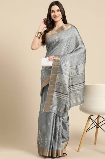 Silk Land Grey Digital Print Soft Silk Blend Saree With Unstitched Blouse Piece