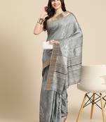 Silk Land Grey Digital Print Soft Silk Blend Saree With Unstitched Blouse Piece