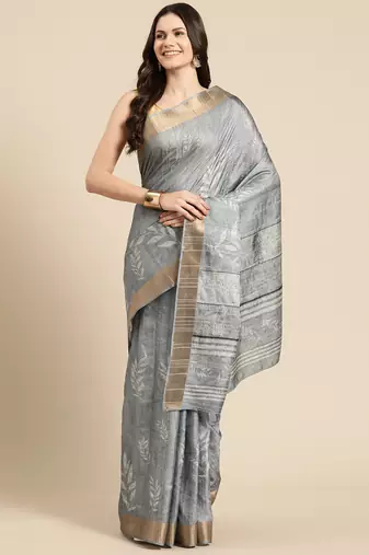 Silk Land Grey Digital Print Soft Silk Blend Saree With Unstitched Blouse Piece