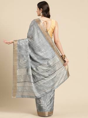 Silk Land Grey Digital Print Soft Silk Blend Saree With Unstitched Blouse Piece 3