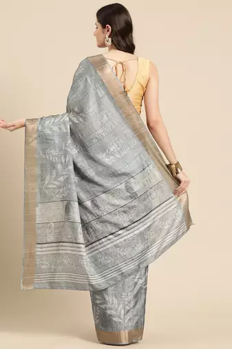 Silk Land Grey Digital Print Soft Silk Blend Saree With Unstitched Blouse Piece