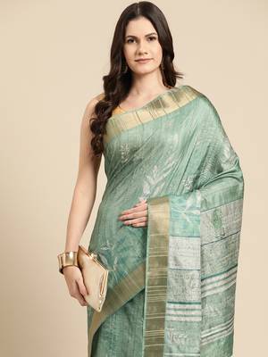 Silk Land Green Digital Print Soft Silk Blend Saree With Unstitched Blouse Piece 1