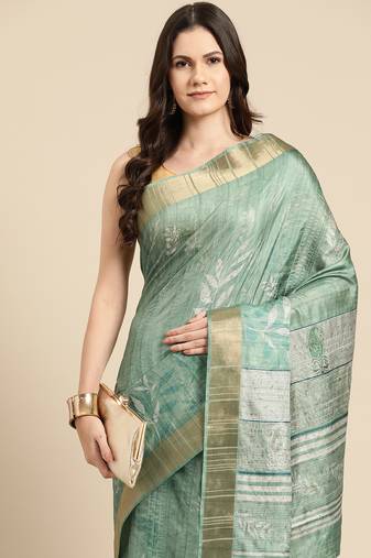 Silk Land Green Digital Print Soft Silk Blend Saree With Unstitched Blouse Piece