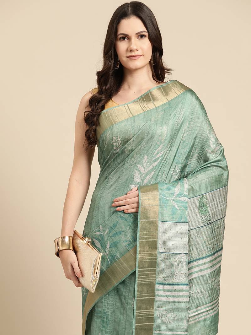 Silk Land Green Digital Print Soft Silk Blend Saree With Unstitched Blouse Piece