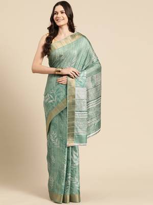 Silk Land Green Digital Print Soft Silk Blend Saree With Unstitched Blouse Piece 2