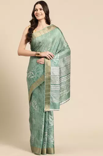 Silk Land Green Digital Print Soft Silk Blend Saree With Unstitched Blouse Piece