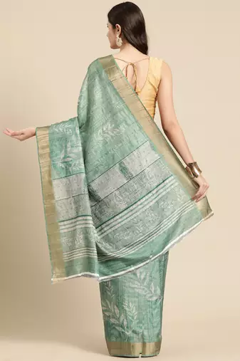 Silk Land Green Digital Print Soft Silk Blend Saree With Unstitched Blouse Piece