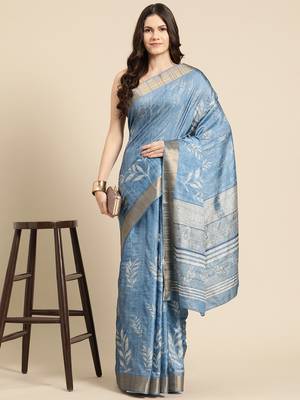 Silk Land Blue Digital Print Soft Silk Blend Saree With Unstitched Blouse Piece 1