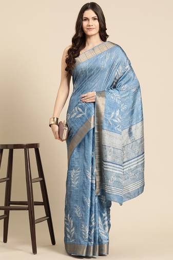 Silk Land Blue Digital Print Soft Silk Blend Saree With Unstitched Blouse Piece