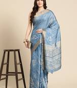 Silk Land Blue Digital Print Soft Silk Blend Saree With Unstitched Blouse Piece