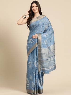 Silk Land Blue Digital Print Soft Silk Blend Saree With Unstitched Blouse Piece 2