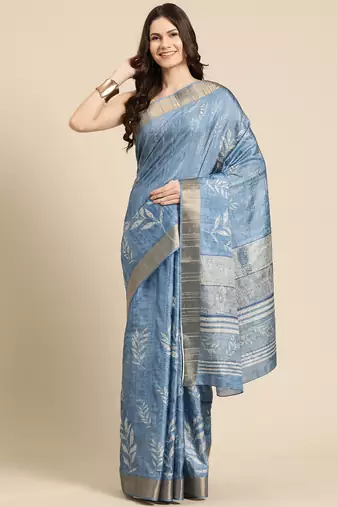 Silk Land Blue Digital Print Soft Silk Blend Saree With Unstitched Blouse Piece