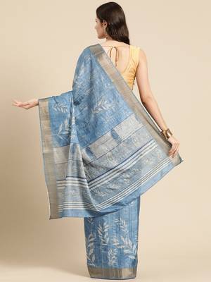 Silk Land Blue Digital Print Soft Silk Blend Saree With Unstitched Blouse Piece 3