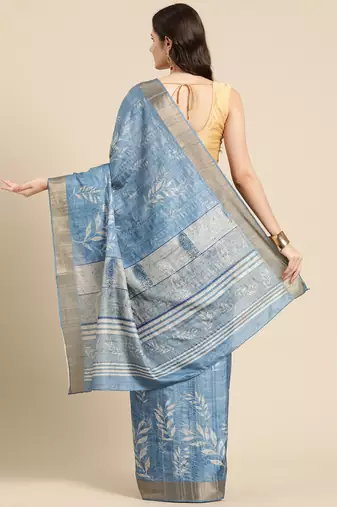 Silk Land Blue Digital Print Soft Silk Blend Saree With Unstitched Blouse Piece