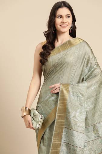 Silk Land Blue Digital Print Soft Silk Blend Saree With Unstitched Blouse Piece