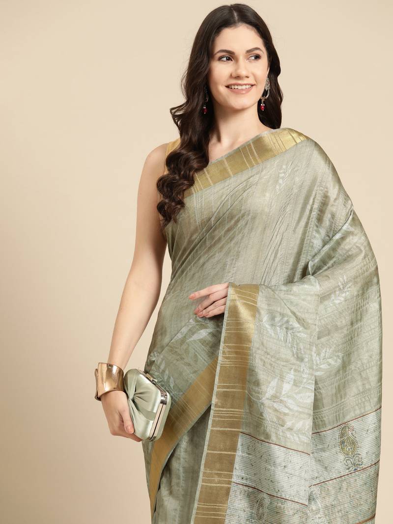 Silk Land Blue Digital Print Soft Silk Blend Saree With Unstitched Blouse Piece