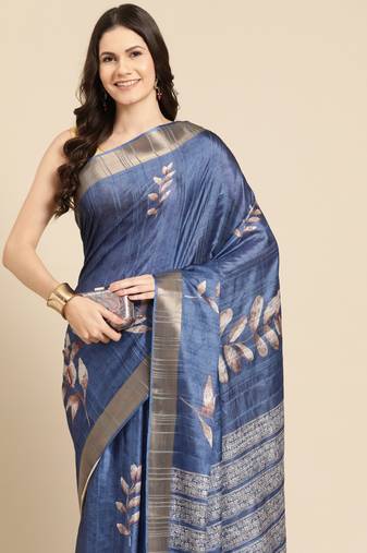 Silk Land Blue Digital Print Soft Silk Blend Saree With Unstitched Blouse Piece
