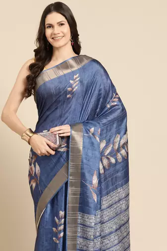 Silk Land Blue Digital Print Soft Silk Blend Saree With Unstitched Blouse Piece