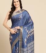 Silk Land Blue Digital Print Soft Silk Blend Saree With Unstitched Blouse Piece