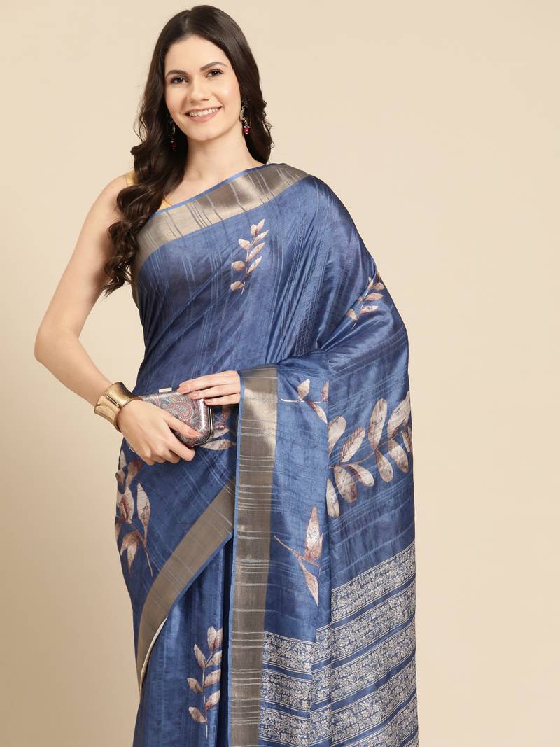 Silk Land Blue Digital Print Soft Silk Blend Saree With Unstitched Blouse Piece