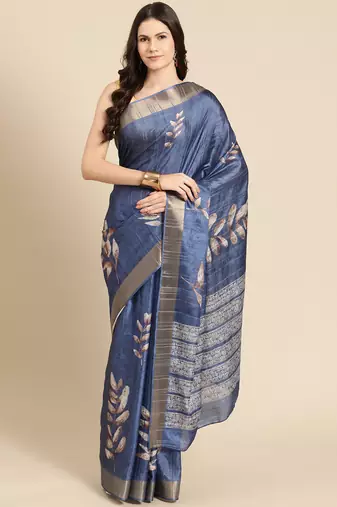 Silk Land Blue Digital Print Soft Silk Blend Saree With Unstitched Blouse Piece