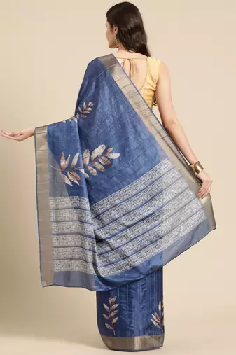 Silk Land Blue Digital Print Soft Silk Blend Saree With Unstitched Blouse Piece