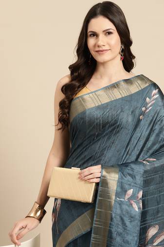 Silk Land Teal Digital Print Soft Silk Blend Saree With Unstitched Blouse Piece