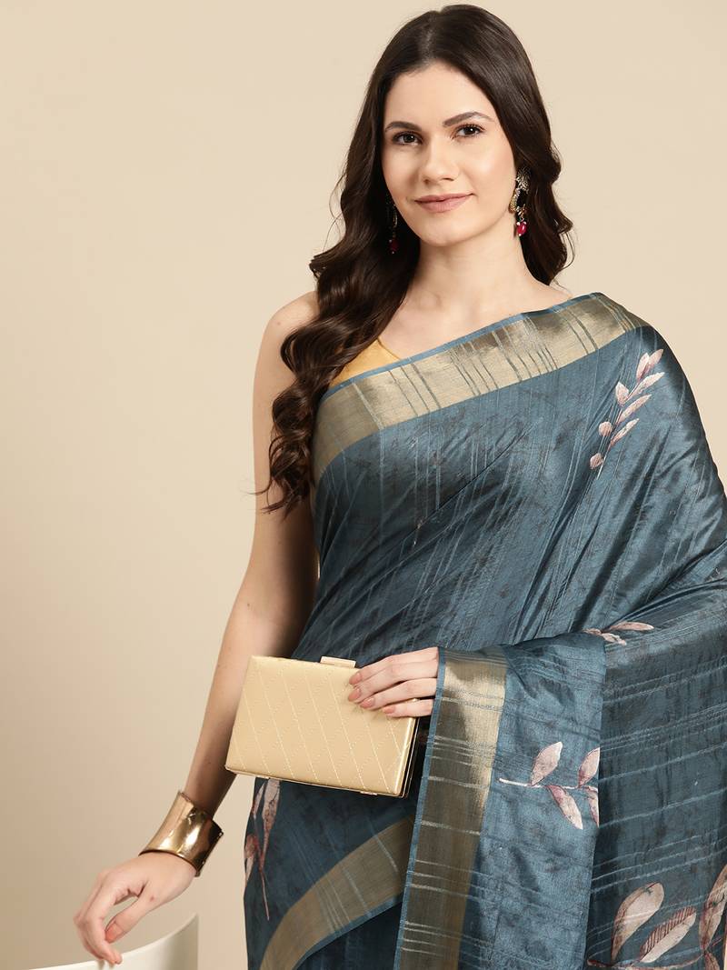 Silk Land Teal Digital Print Soft Silk Blend Saree With Unstitched Blouse Piece