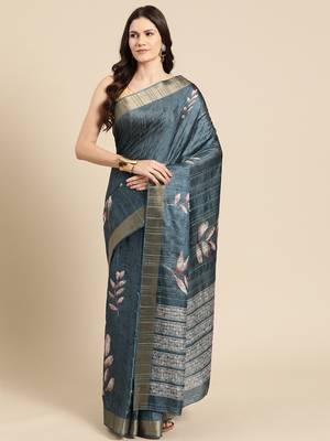 Silk Land Teal Digital Print Soft Silk Blend Saree With Unstitched Blouse Piece 2