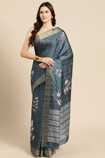 Silk Land Teal Digital Print Soft Silk Blend Saree With Unstitched Blouse Piece