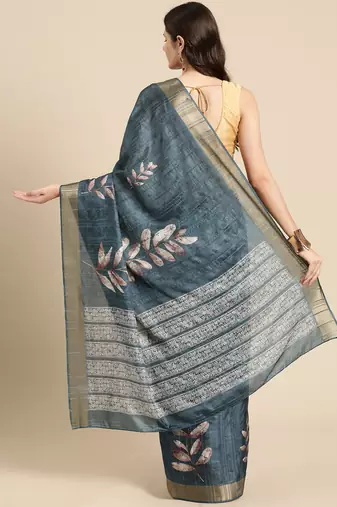 Silk Land Teal Digital Print Soft Silk Blend Saree With Unstitched Blouse Piece