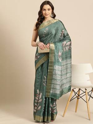 Silk Land Green Digital Print Soft Silk Blend Saree With Unstitched Blouse Piece 1