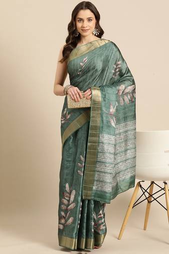 Silk Land Green Digital Print Soft Silk Blend Saree With Unstitched Blouse Piece