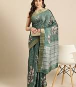 Silk Land Green Digital Print Soft Silk Blend Saree With Unstitched Blouse Piece