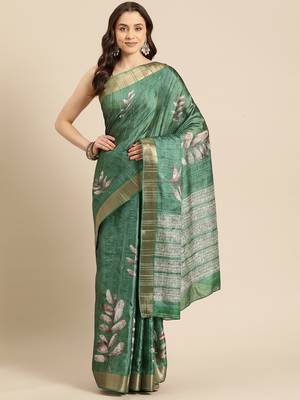 Silk Land Green Digital Print Soft Silk Blend Saree With Unstitched Blouse Piece 2