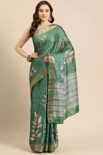 Silk Land Green Digital Print Soft Silk Blend Saree With Unstitched Blouse Piece