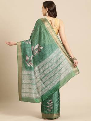 Silk Land Green Digital Print Soft Silk Blend Saree With Unstitched Blouse Piece 3