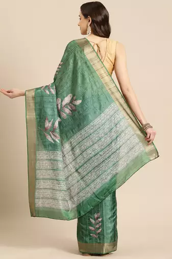 Silk Land Green Digital Print Soft Silk Blend Saree With Unstitched Blouse Piece