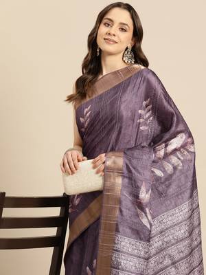 Silk Land Lavender Digital Print Soft Silk Blend Saree With Unstitched Blouse Piece 1