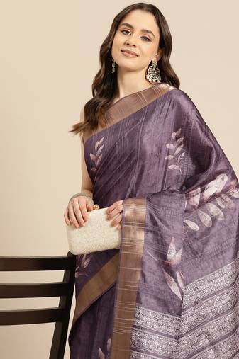 Silk Land Lavender Digital Print Soft Silk Blend Saree With Unstitched Blouse Piece