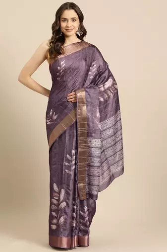 Silk Land Lavender Digital Print Soft Silk Blend Saree With Unstitched Blouse Piece