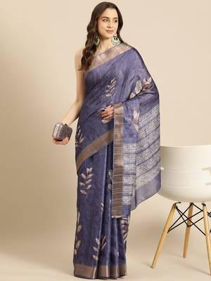 Silk Land Royal Blue Digital Print Soft Silk Blend Saree With Unstitched Blouse Piece 1