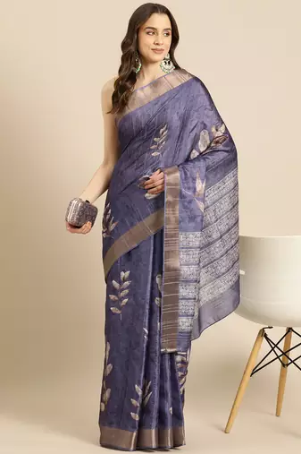 Silk Land Royal Blue Digital Print Soft Silk Blend Saree With Unstitched Blouse Piece