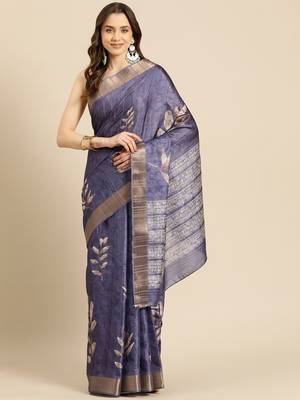 Silk Land Royal Blue Digital Print Soft Silk Blend Saree With Unstitched Blouse Piece 2