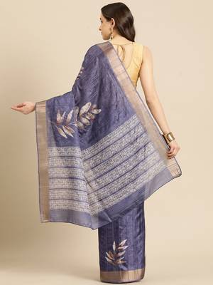 Silk Land Royal Blue Digital Print Soft Silk Blend Saree With Unstitched Blouse Piece 3