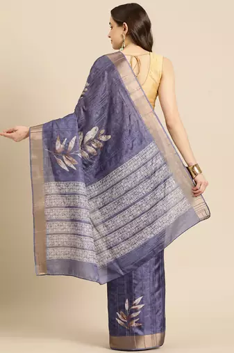 Silk Land Royal Blue Digital Print Soft Silk Blend Saree With Unstitched Blouse Piece