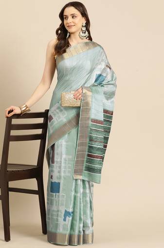 Silk Land Turquoise Digital Print Soft Silk Blend Saree With Unstitched Blouse Piece