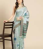 Silk Land Turquoise Digital Print Soft Silk Blend Saree With Unstitched Blouse Piece