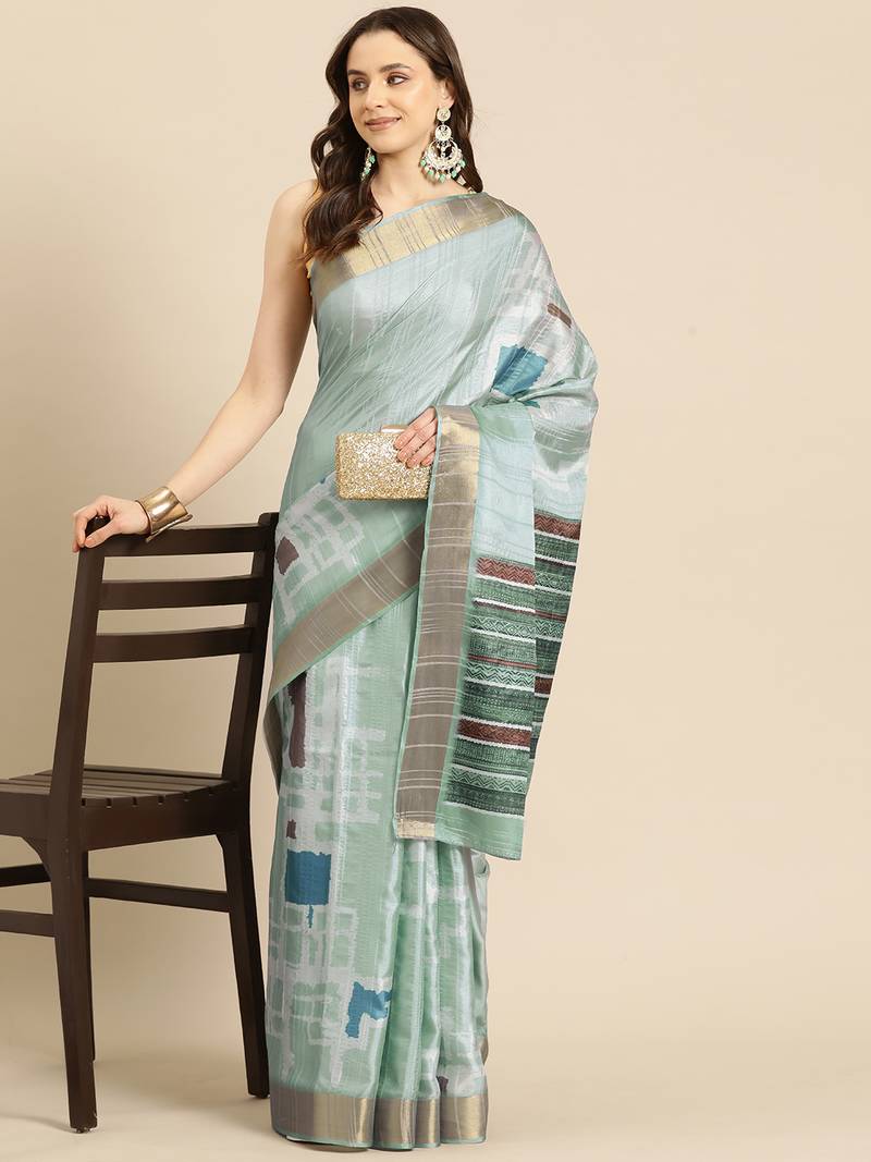 Silk Land Turquoise Digital Print Soft Silk Blend Saree With Unstitched Blouse Piece